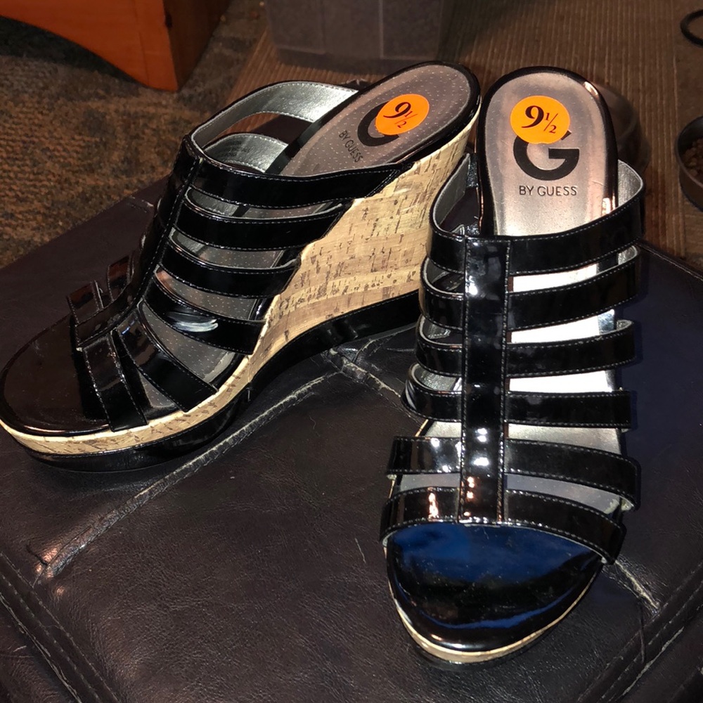 GUESS  black paten leather cork wedges size 9 1/2